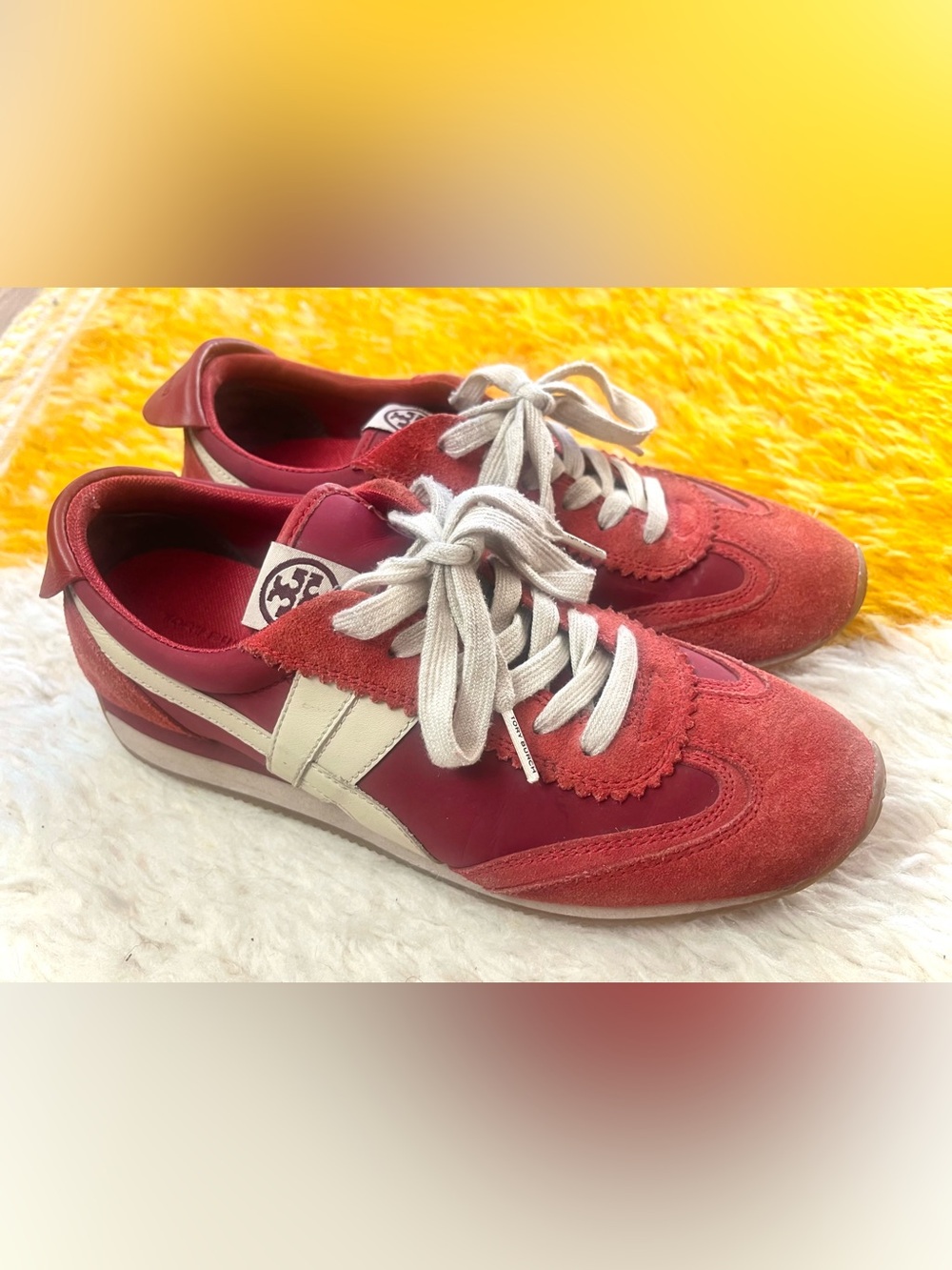 Tory Burch Red Suede Sneakers with Cream Laces